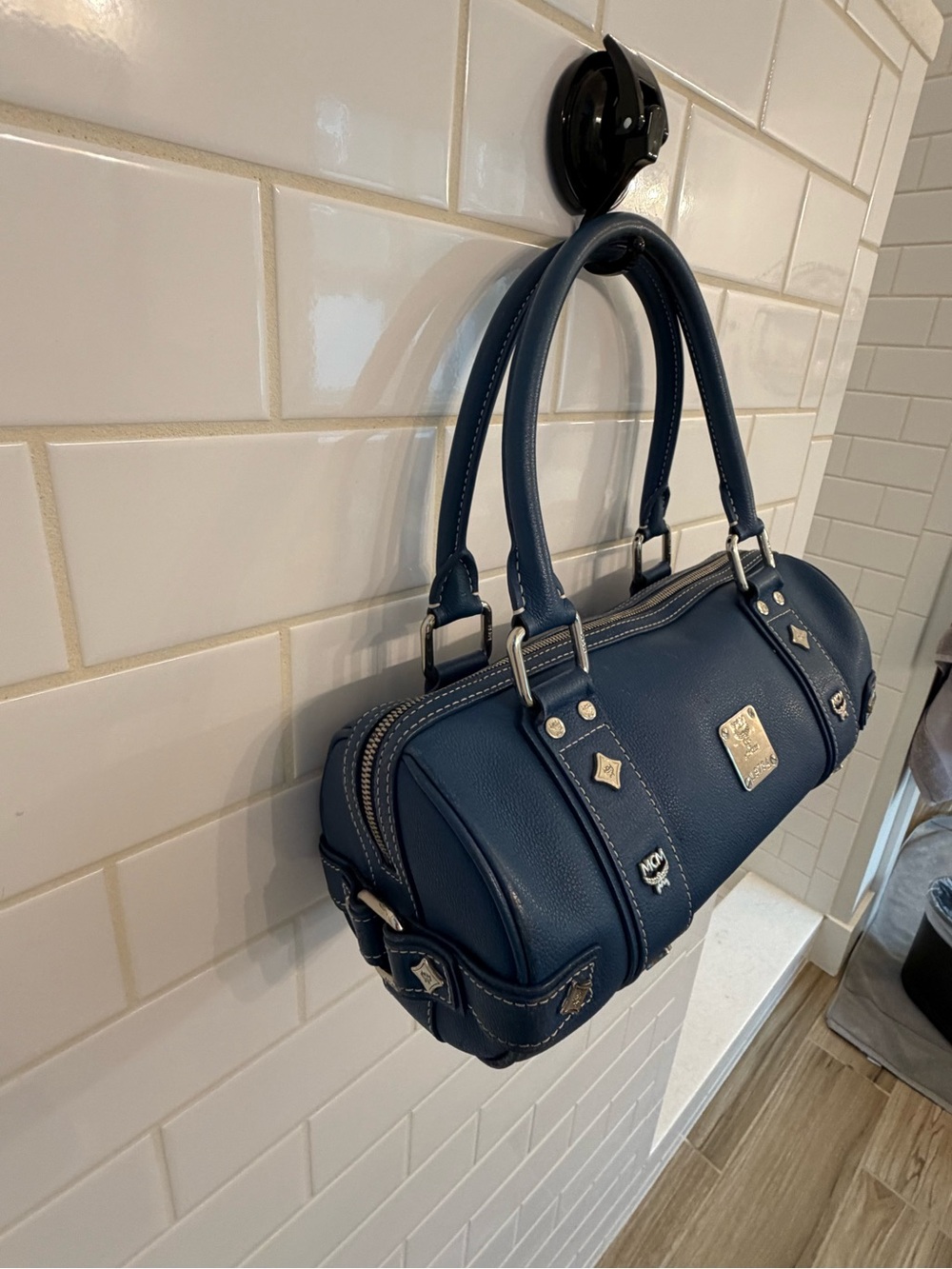 MCM Navy Blue Leather Barrel Shoulder Bag with Silver Hardware - Picture 6 of 6